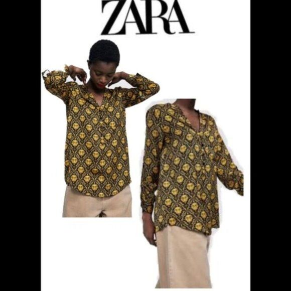 ZARA yellow black print button down blouse size XS - Picture 1 of 13